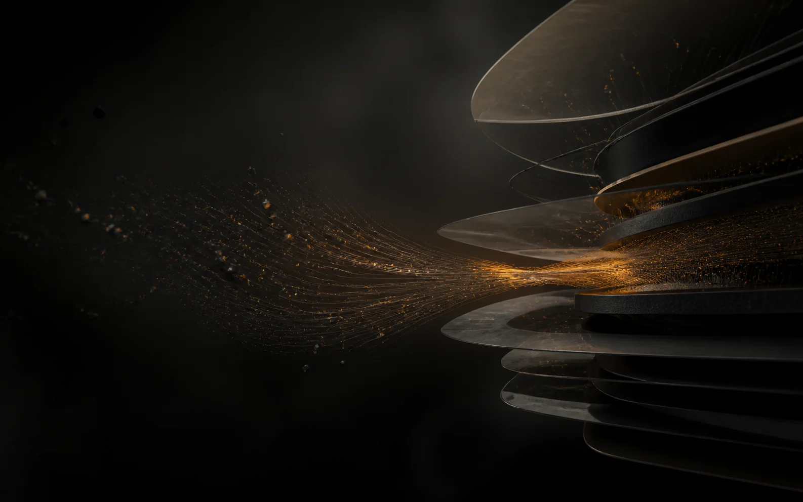Conceptual particle trajectories converging into a layered system