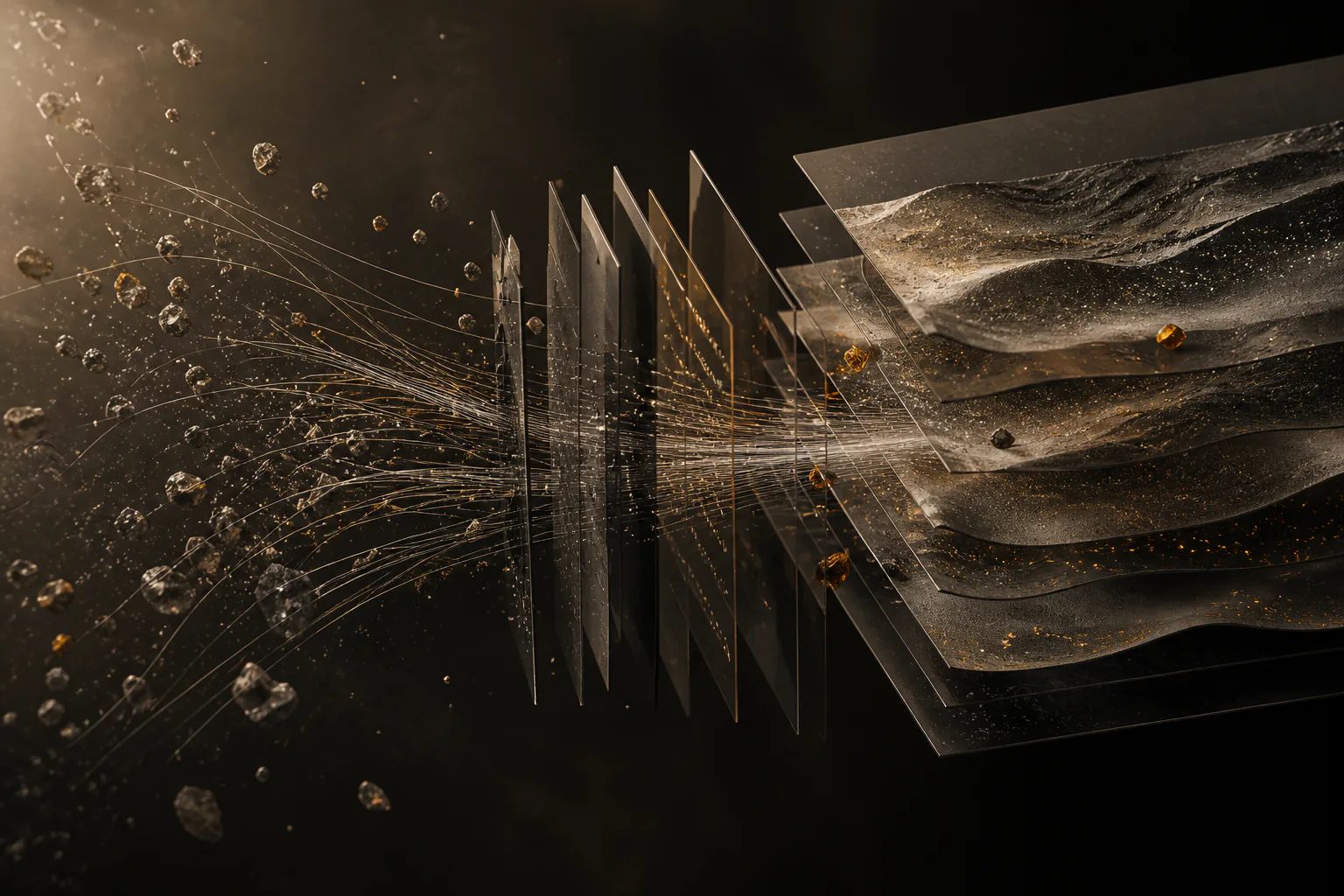 Conceptual particle trajectories converging into a layered system